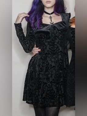 Killstar Dress Black Burnout Velvet Gothic Goth Academia Medium M Sailor Collar